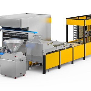 AUTOMATED DOUGH PROCESSING LINE AND TRAY LOADING SYSTEM